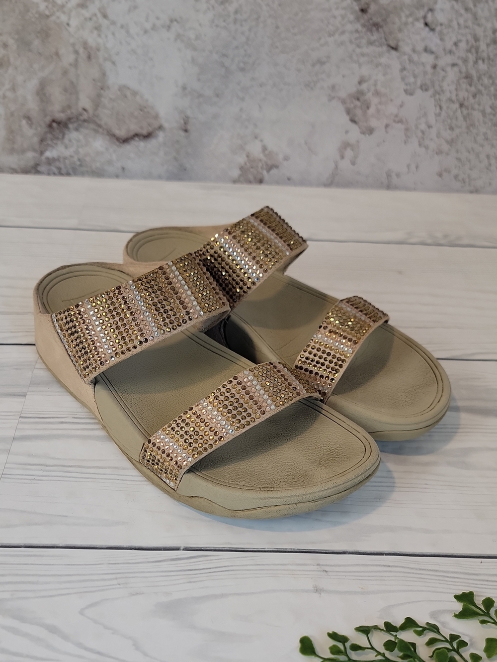 Fitflop Rose Gold Embellished Double-Strap Slide Sandals Womens Size 8